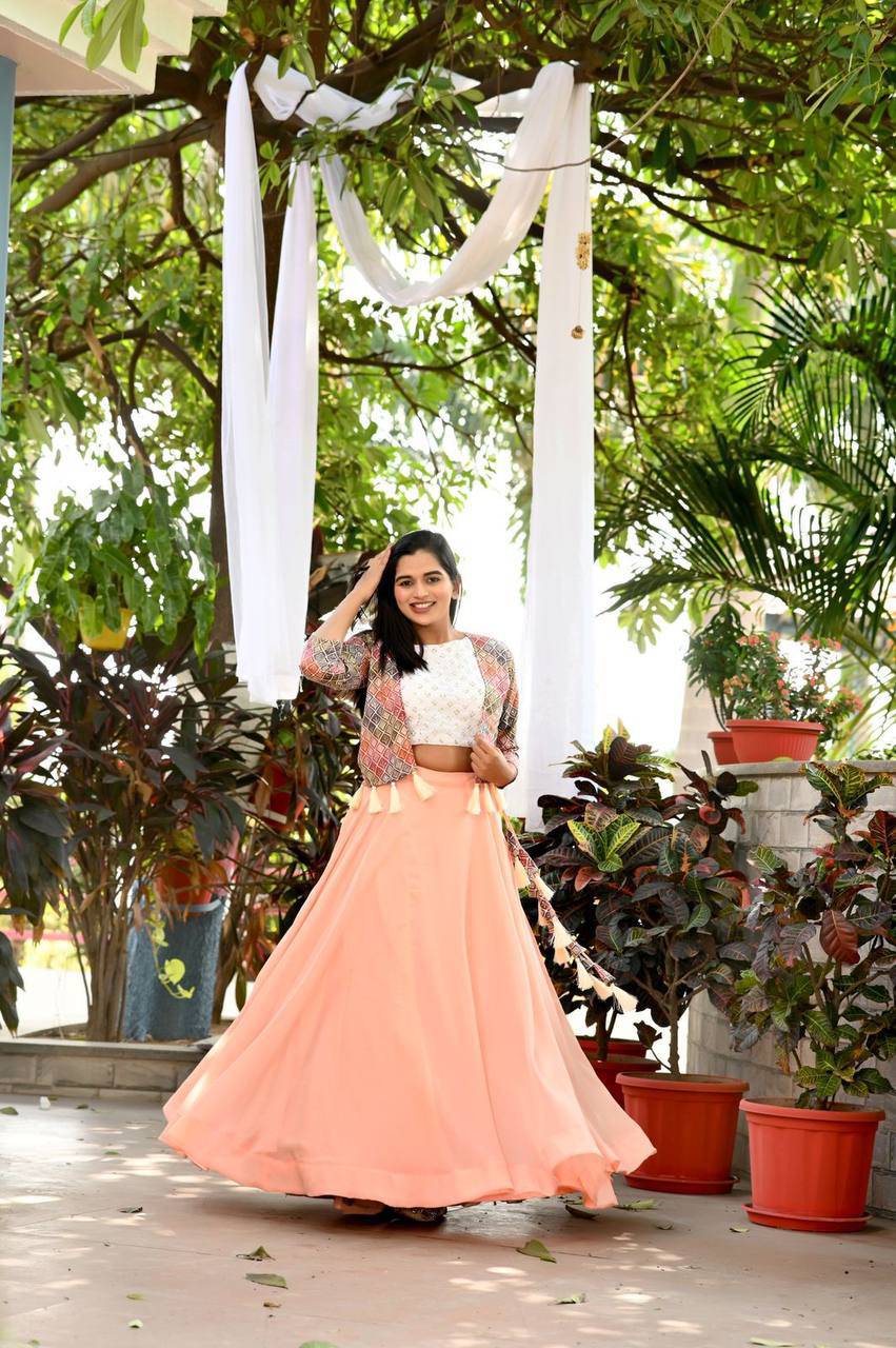 Peach Floral Sequins Embroidered Koti Blouse Lehenga Set - INDIAN ELEGANCE