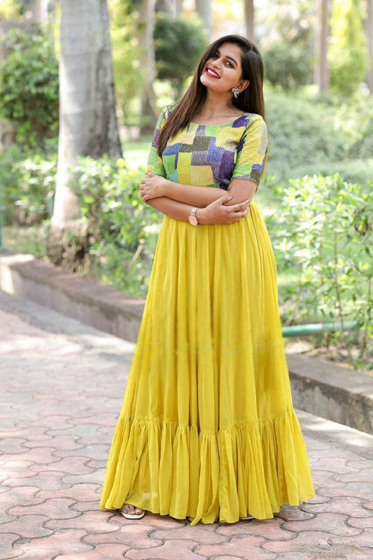 Resplendent Yellow Faux Georgette Fully Stitched Gown - INDIAN ELEGANCE