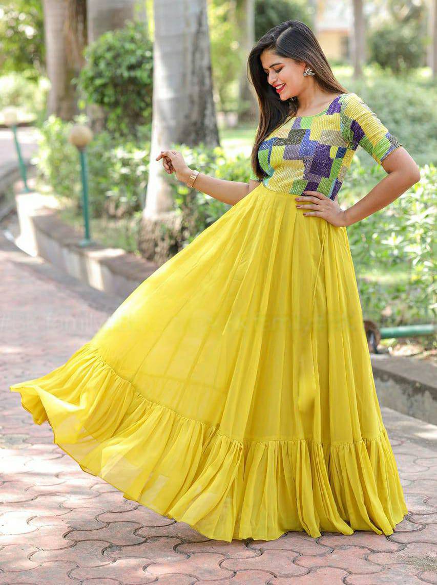 Resplendent Yellow Faux Georgette Fully Stitched Gown - INDIAN ELEGANCE