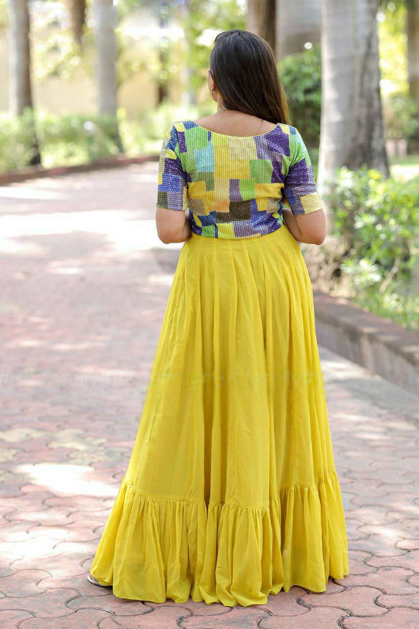 Resplendent Yellow Faux Georgette Fully Stitched Gown - INDIAN ELEGANCE