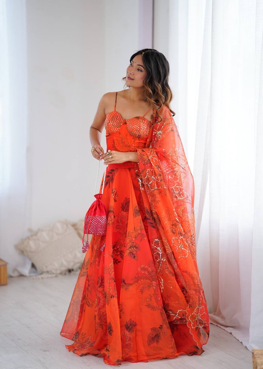 Women’s Wedding & Party Wear Orange Organza Lehenga Choli Set