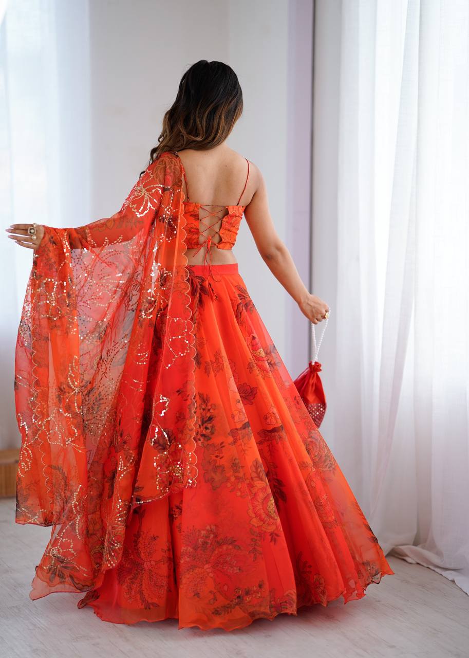 Women’s Wedding & Party Wear Orange Organza Lehenga Choli Set