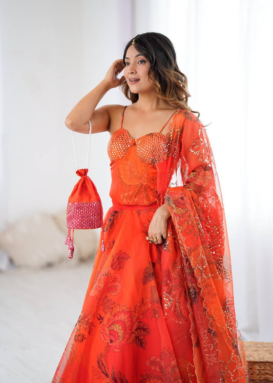 Women’s Wedding & Party Wear Orange Organza Lehenga Choli Set