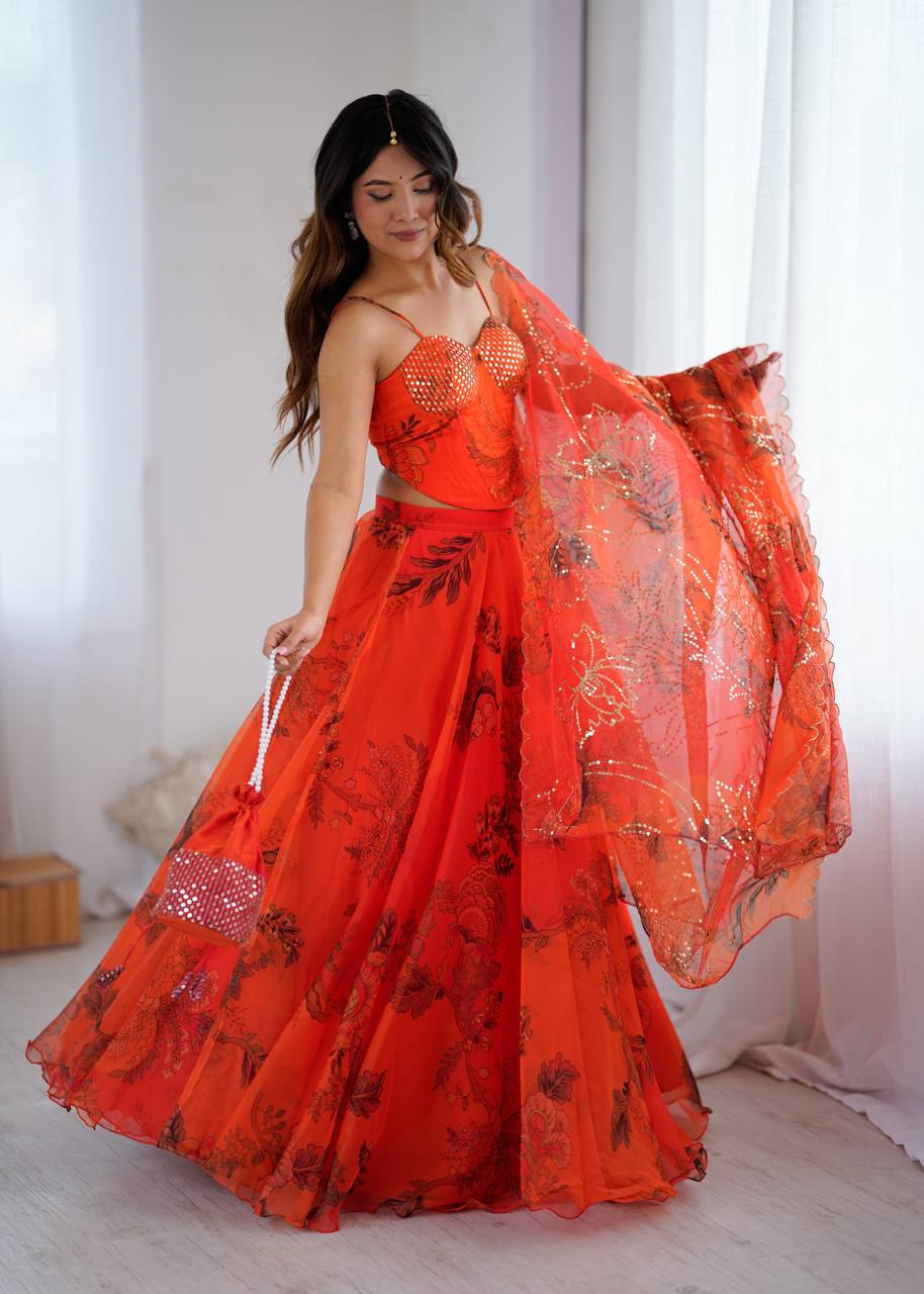 Women’s Wedding & Party Wear Orange Organza Lehenga Choli Set