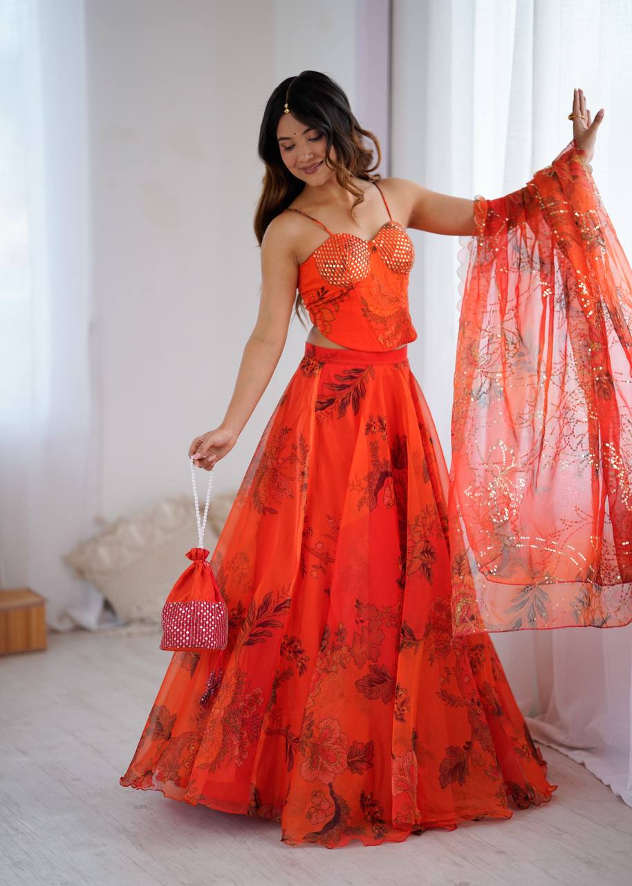 Women’s Wedding & Party Wear Orange Organza Lehenga Choli Set