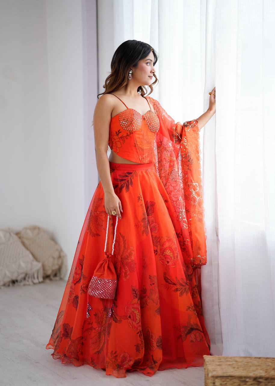 Women’s Wedding & Party Wear Orange Organza Lehenga Choli Set
