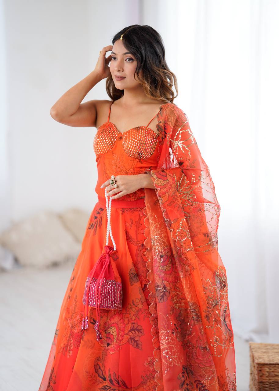 Women’s Wedding & Party Wear Orange Organza Lehenga Choli Set