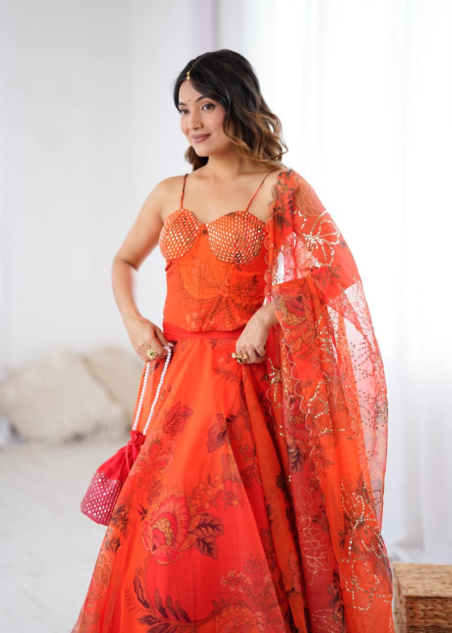 Women’s Wedding & Party Wear Orange Organza Lehenga Choli Set