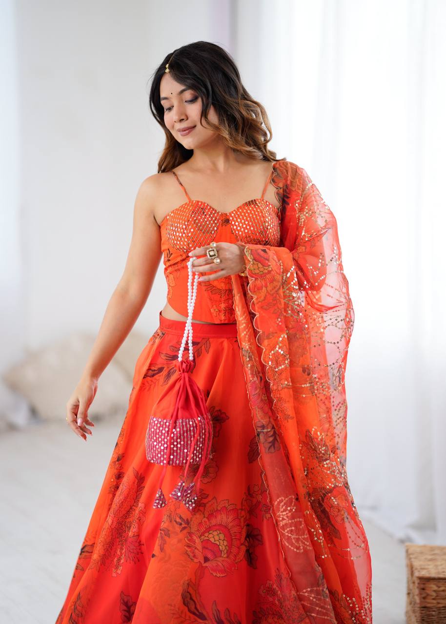 Women’s Wedding & Party Wear Orange Organza Lehenga Choli Set