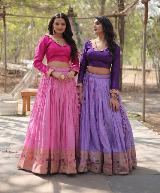 Chic Viscose Jacquard Zari Border Worked Fully Stitched Lehenga Choli - INDIAN ELEGANCE