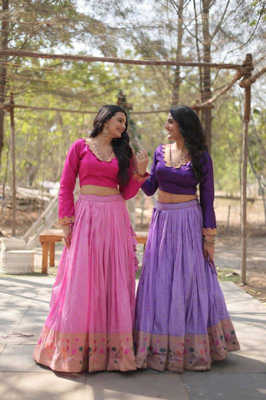 Chic Viscose Jacquard Zari Border Worked Fully Stitched Lehenga Choli - INDIAN ELEGANCE