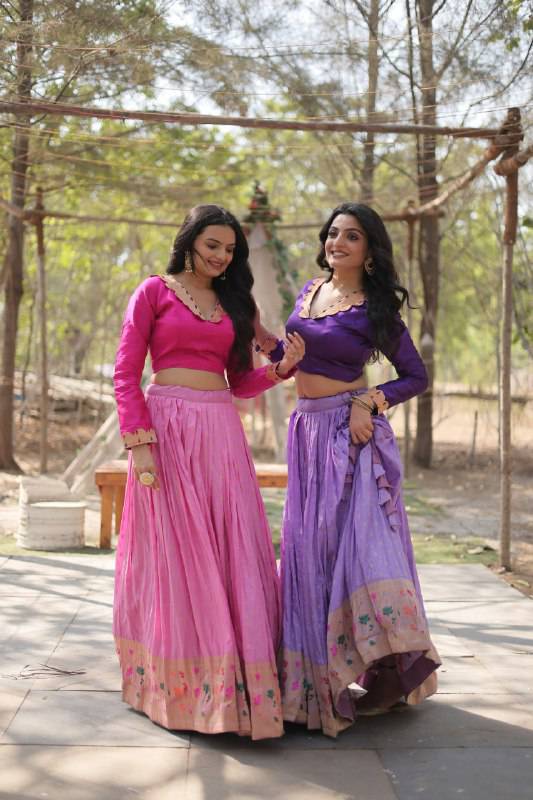 Chic Viscose Jacquard Zari Border Worked Fully Stitched Lehenga Choli - INDIAN ELEGANCE