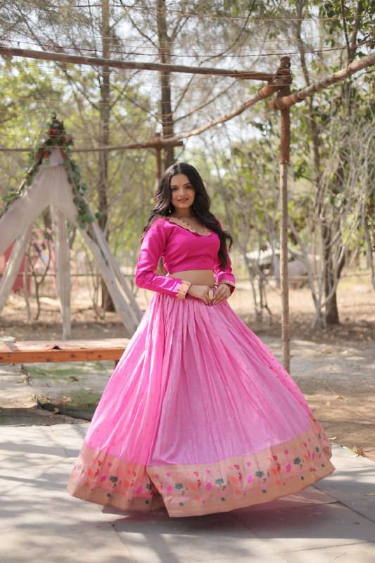 Chic Viscose Jacquard Zari Border Worked Fully Stitched Lehenga Choli - INDIAN ELEGANCE