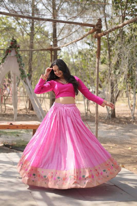 Chic Viscose Jacquard Zari Border Worked Fully Stitched Lehenga Choli - INDIAN ELEGANCE