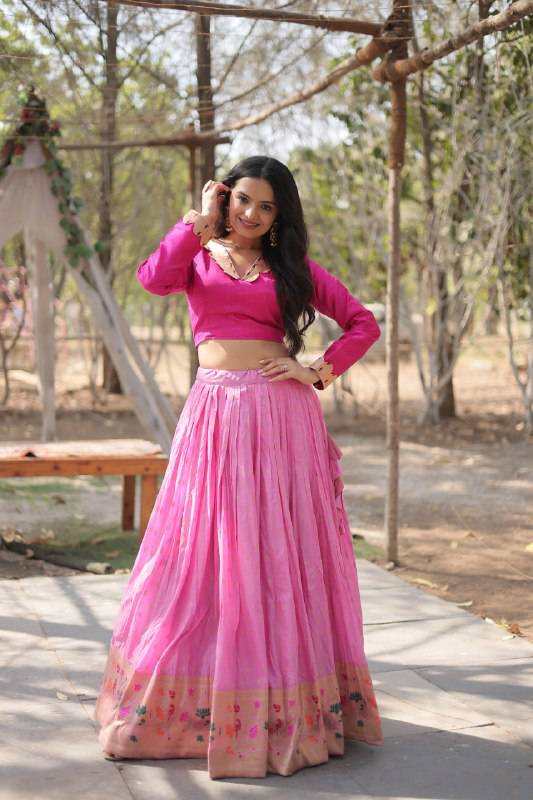 Chic Viscose Jacquard Zari Border Worked Fully Stitched Lehenga Choli - INDIAN ELEGANCE