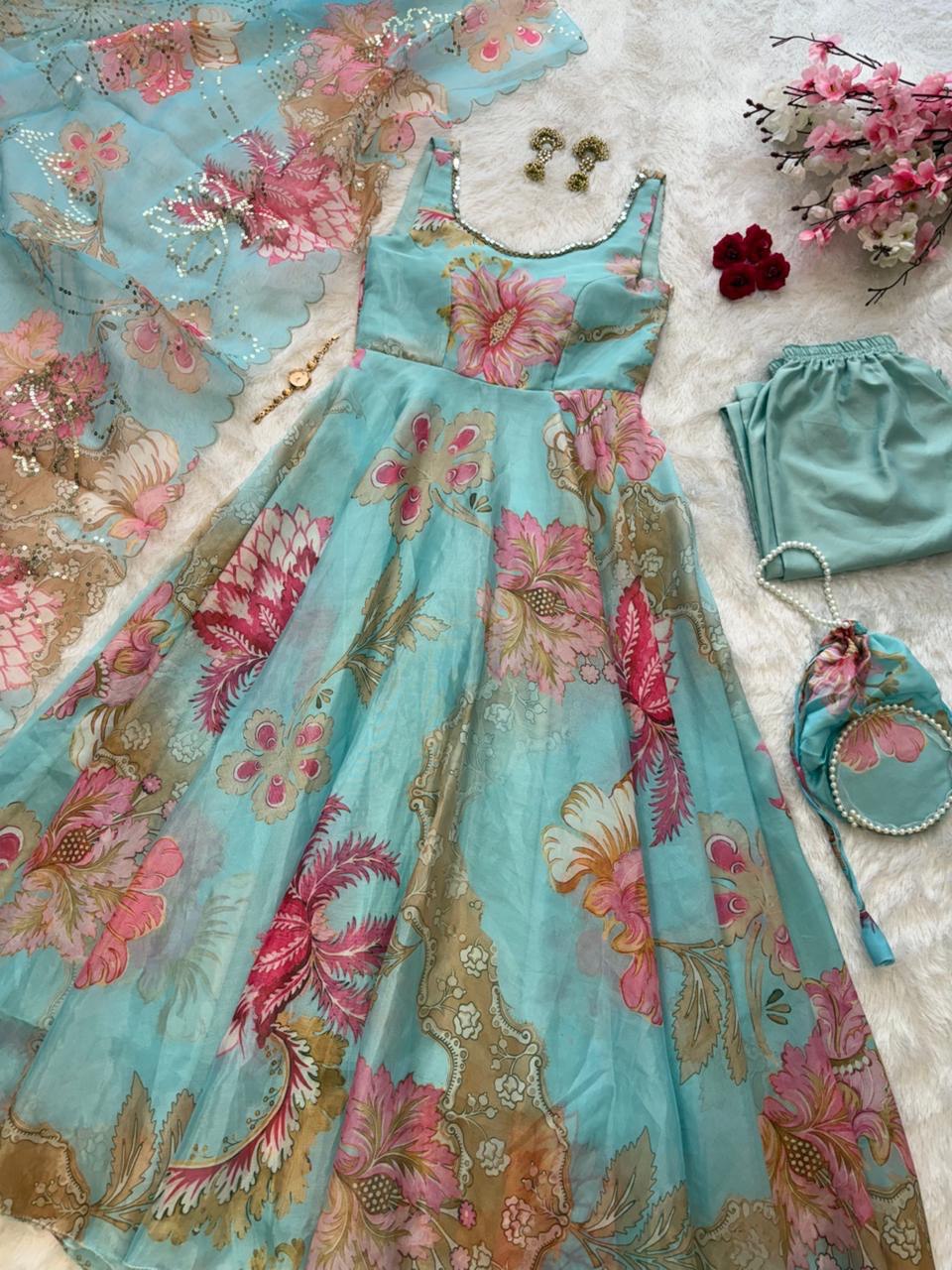 Wedding Wear Jimmy Organza Silk Floral Printed Mirror Work Anarkali Suit for Women