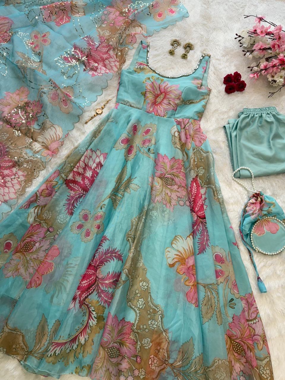 Wedding Wear Jimmy Organza Silk Floral Printed Mirror Work Anarkali Suit for Women