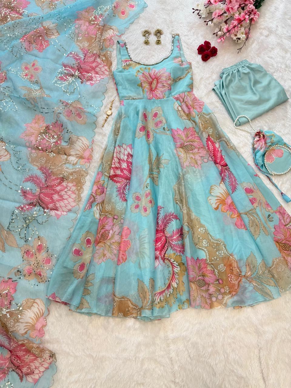 Wedding Wear Jimmy Organza Silk Floral Printed Mirror Work Anarkali Suit for Women