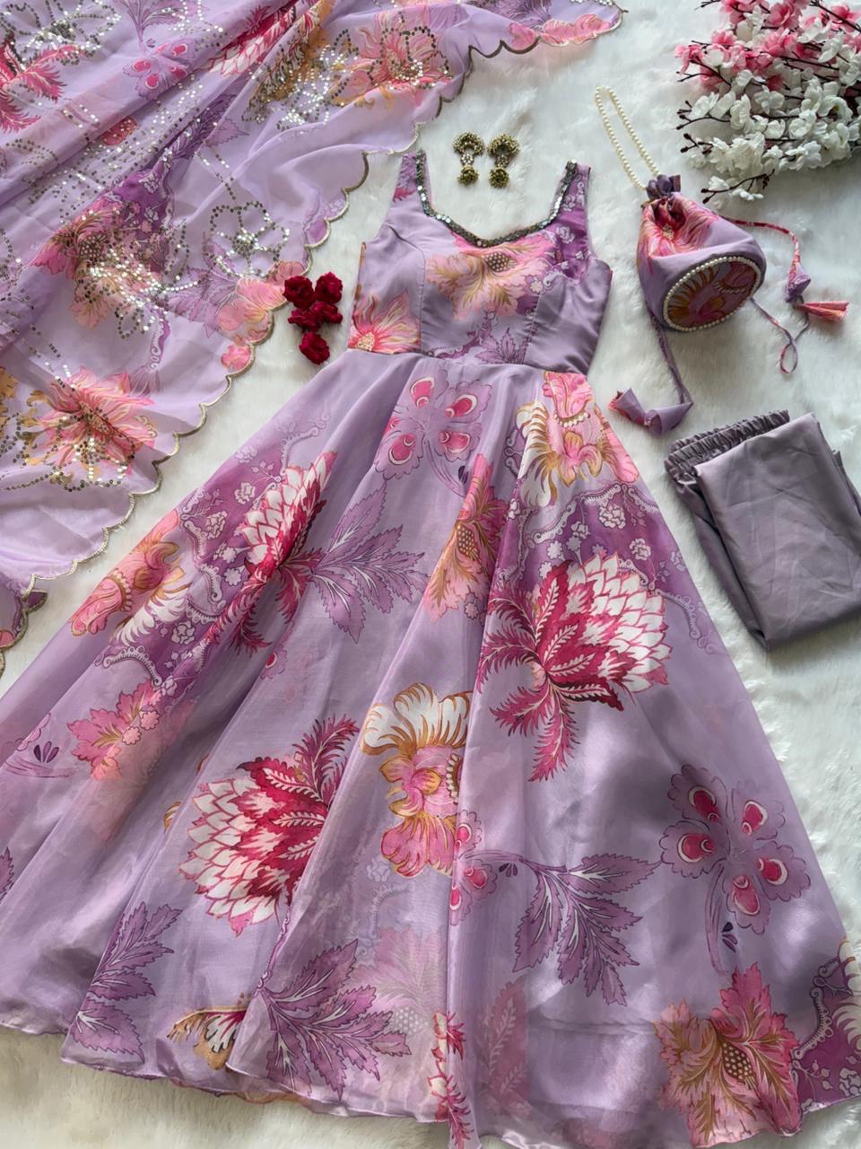 Wedding Wear Jimmy Organza Silk Floral Printed Mirror Work Anarkali Suit for Women