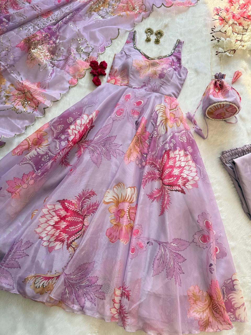 Wedding Wear Jimmy Organza Silk Floral Printed Mirror Work Anarkali Suit for Women