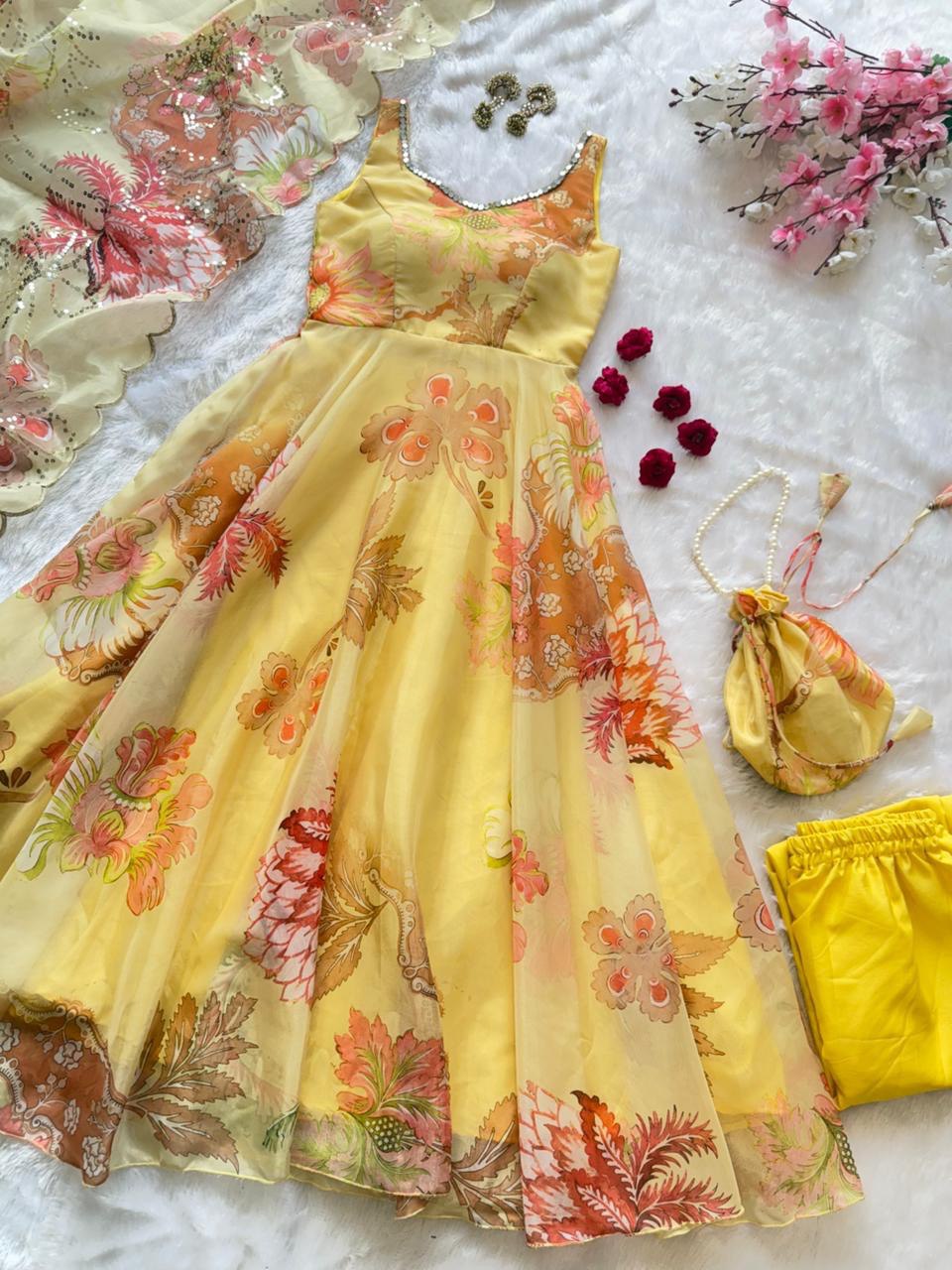 Wedding Wear Jimmy Organza Silk Floral Printed Mirror Work Anarkali Suit for Women