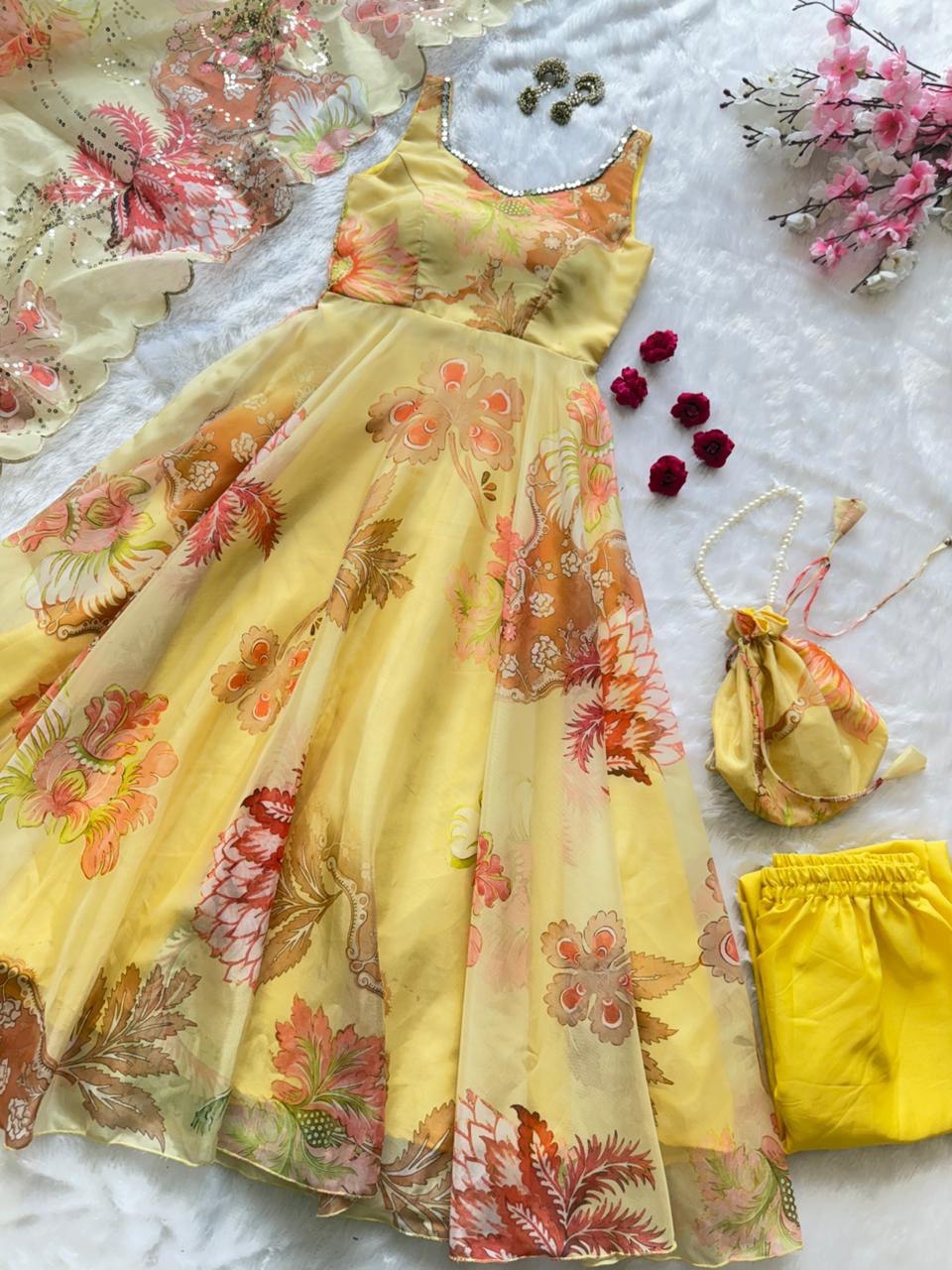 Wedding Wear Jimmy Organza Silk Floral Printed Mirror Work Anarkali Suit for Women