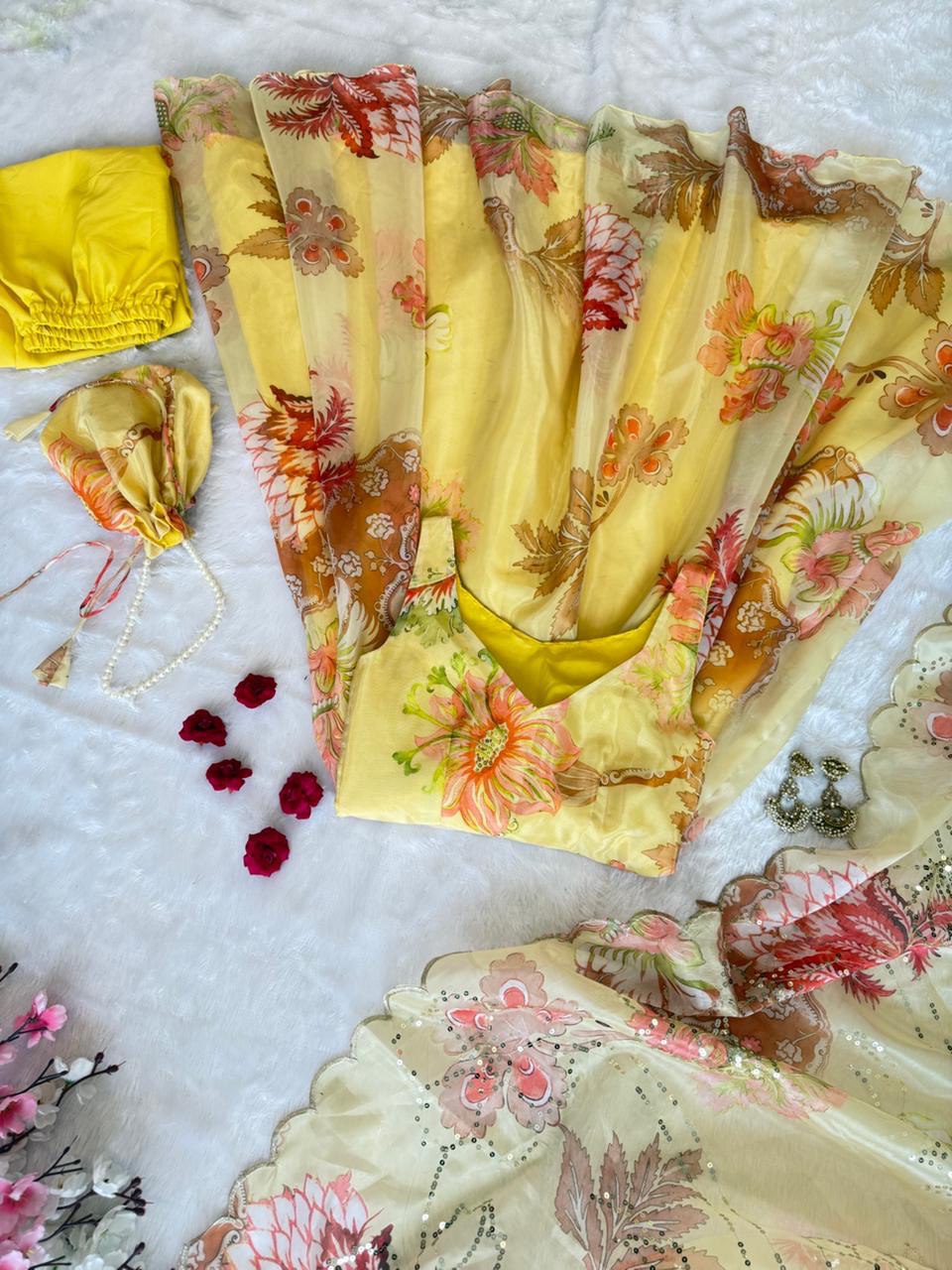 Wedding Wear Jimmy Organza Silk Floral Printed Mirror Work Anarkali Suit for Women