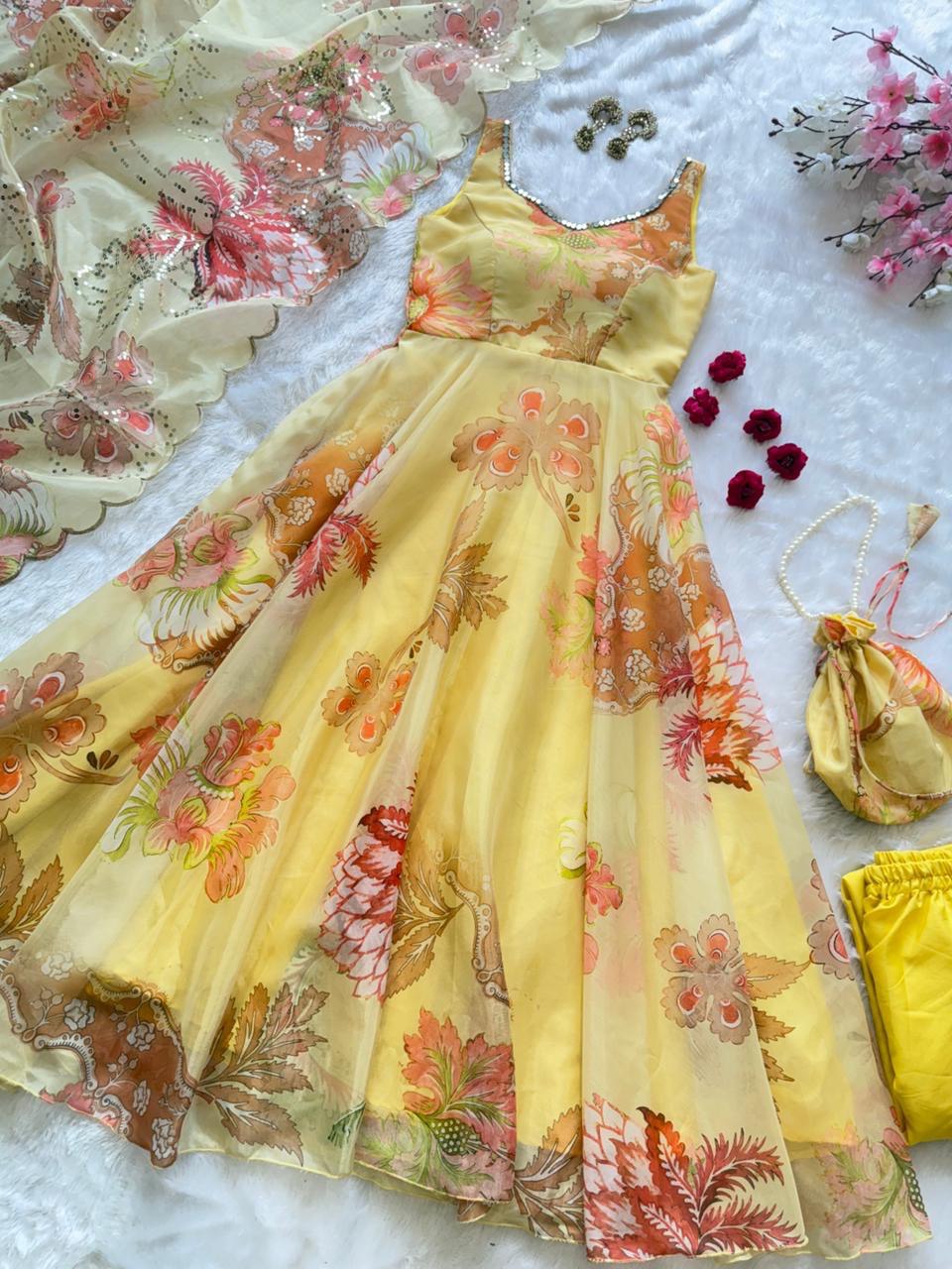 Wedding Wear Jimmy Organza Silk Floral Printed Mirror Work Anarkali Suit for Women