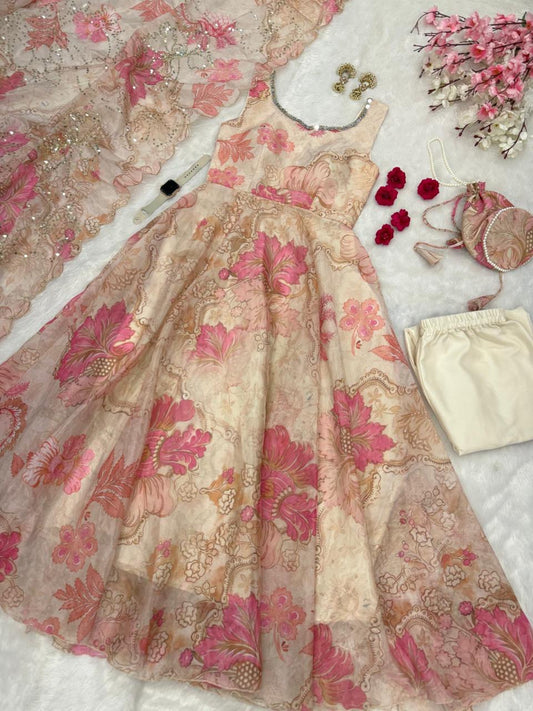Wedding Wear Jimmy Organza Silk Floral Printed Mirror Work Anarkali Suit for Women