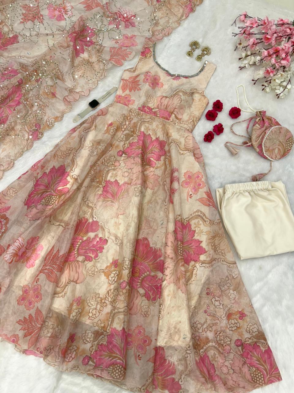 Wedding Wear Jimmy Organza Silk Floral Printed Mirror Work Anarkali Suit for Women