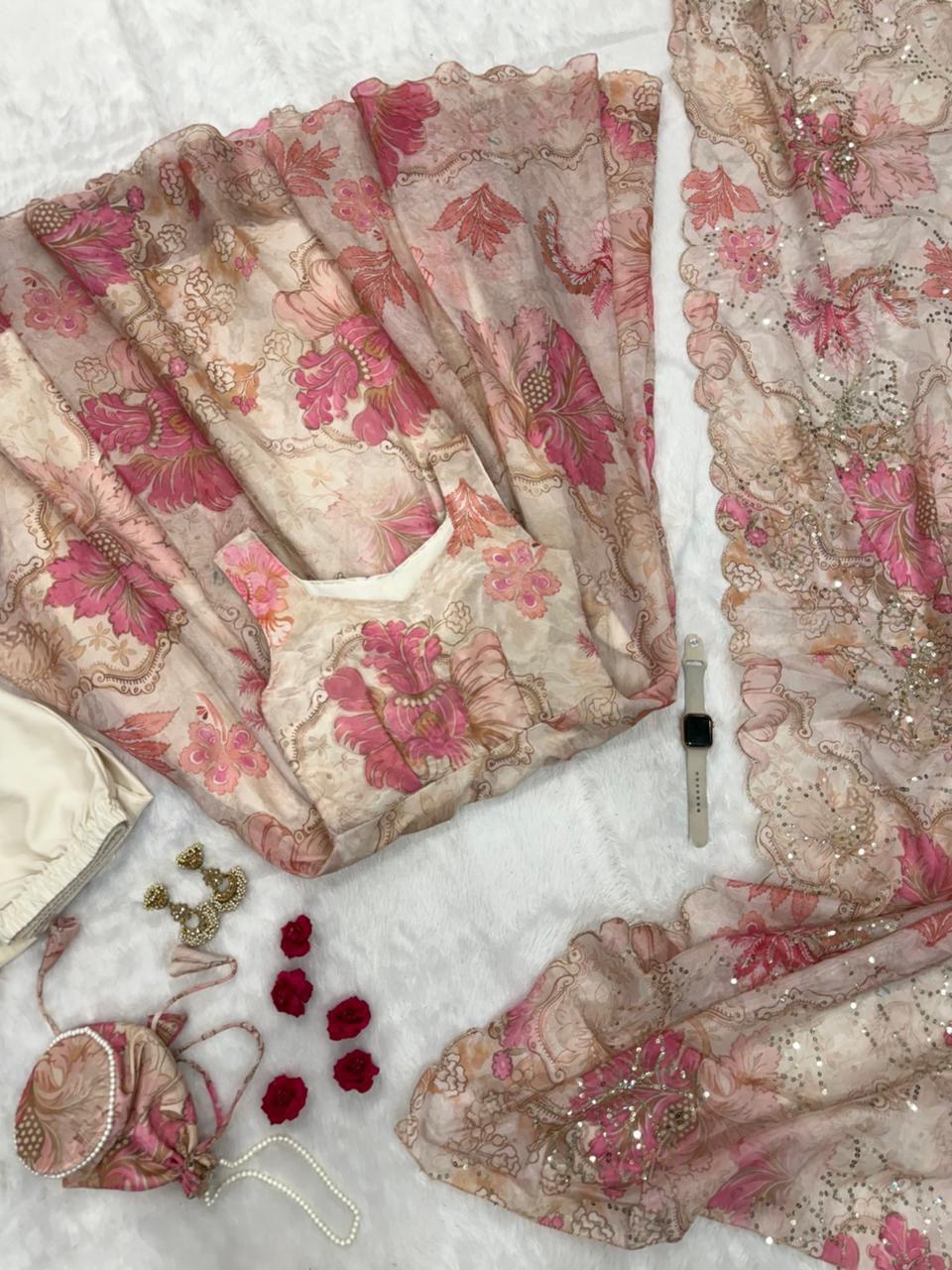 Wedding Wear Jimmy Organza Silk Floral Printed Mirror Work Anarkali Suit for Women