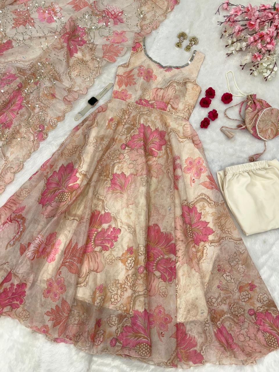 Wedding Wear Jimmy Organza Silk Floral Printed Mirror Work Anarkali Suit for Women