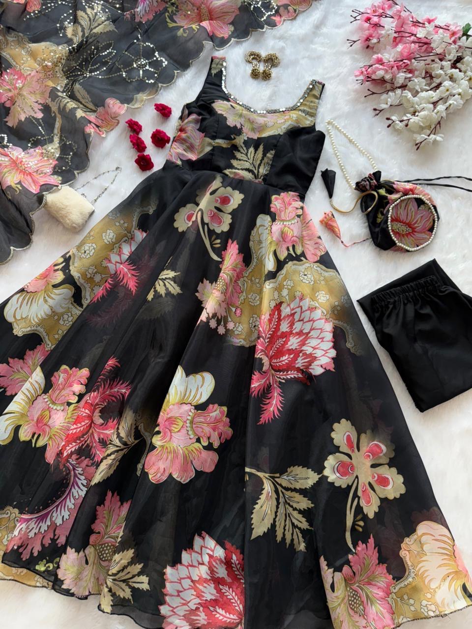 Wedding Wear Jimmy Organza Silk Floral Printed Mirror Work Anarkali Suit for Women
