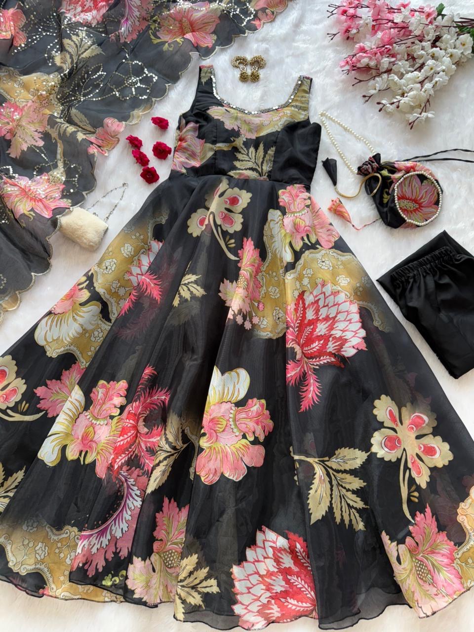 Wedding Wear Jimmy Organza Silk Floral Printed Mirror Work Anarkali Suit for Women