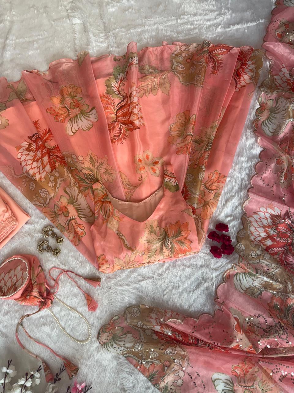 Wedding Wear Jimmy Organza Silk Floral Printed Mirror Work Anarkali Suit for Women
