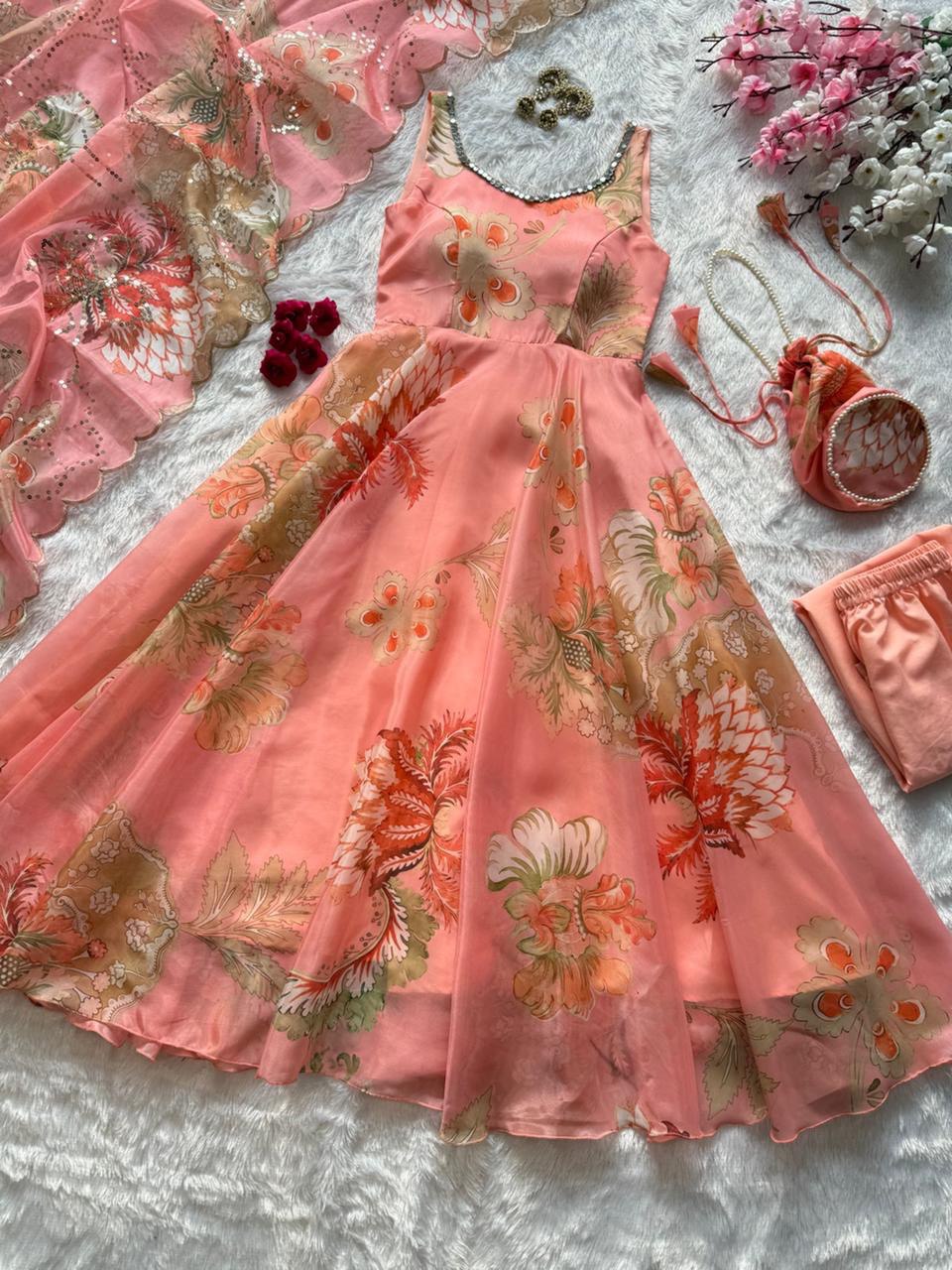 Wedding Wear Jimmy Organza Silk Floral Printed Mirror Work Anarkali Suit for Women