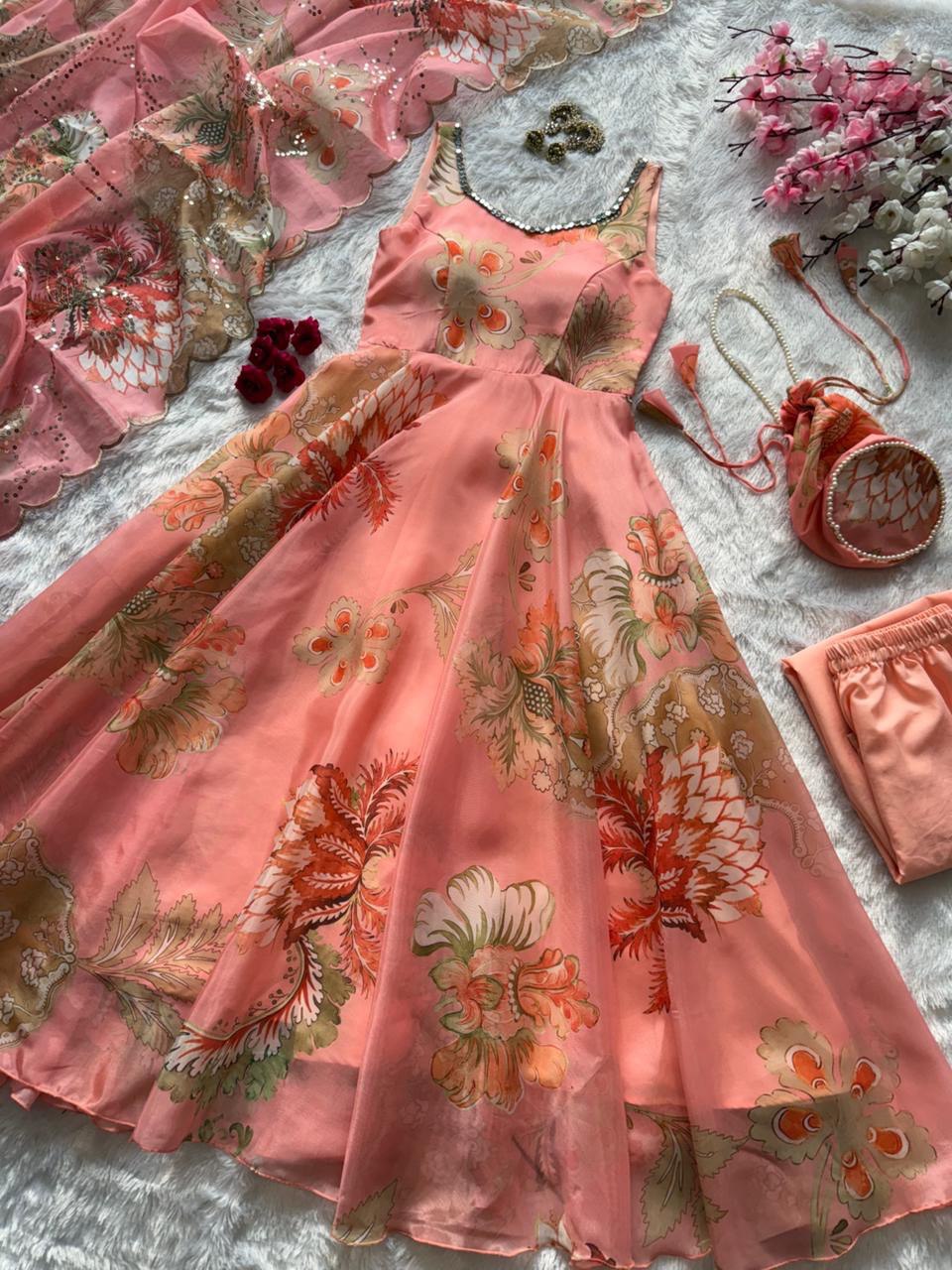 Wedding Wear Jimmy Organza Silk Floral Printed Mirror Work Anarkali Suit for Women