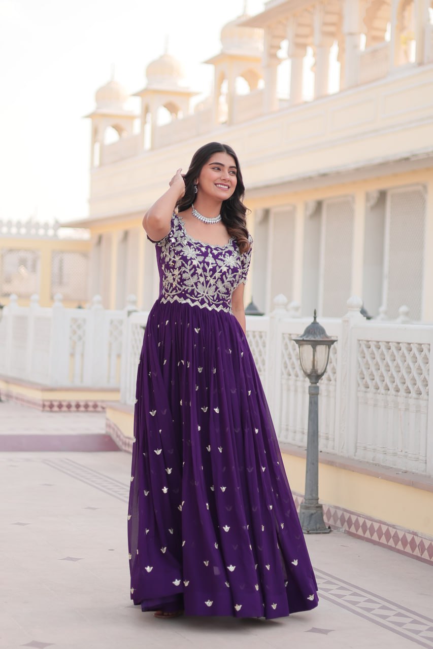 Sublime Faux Georgette Cording Sequins Worked Gown - INDIAN ELEGANCE