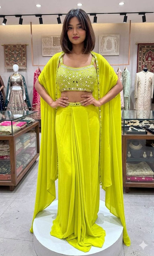 Lime Green Mirror Work French Crepe Indo Western Skirt Set With Shrug For Wedding & Party Wear