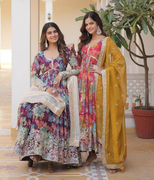 Ravishing Russian Silk Zari Sequins Worked Gown With Dupatta - INDIAN ELEGANCE