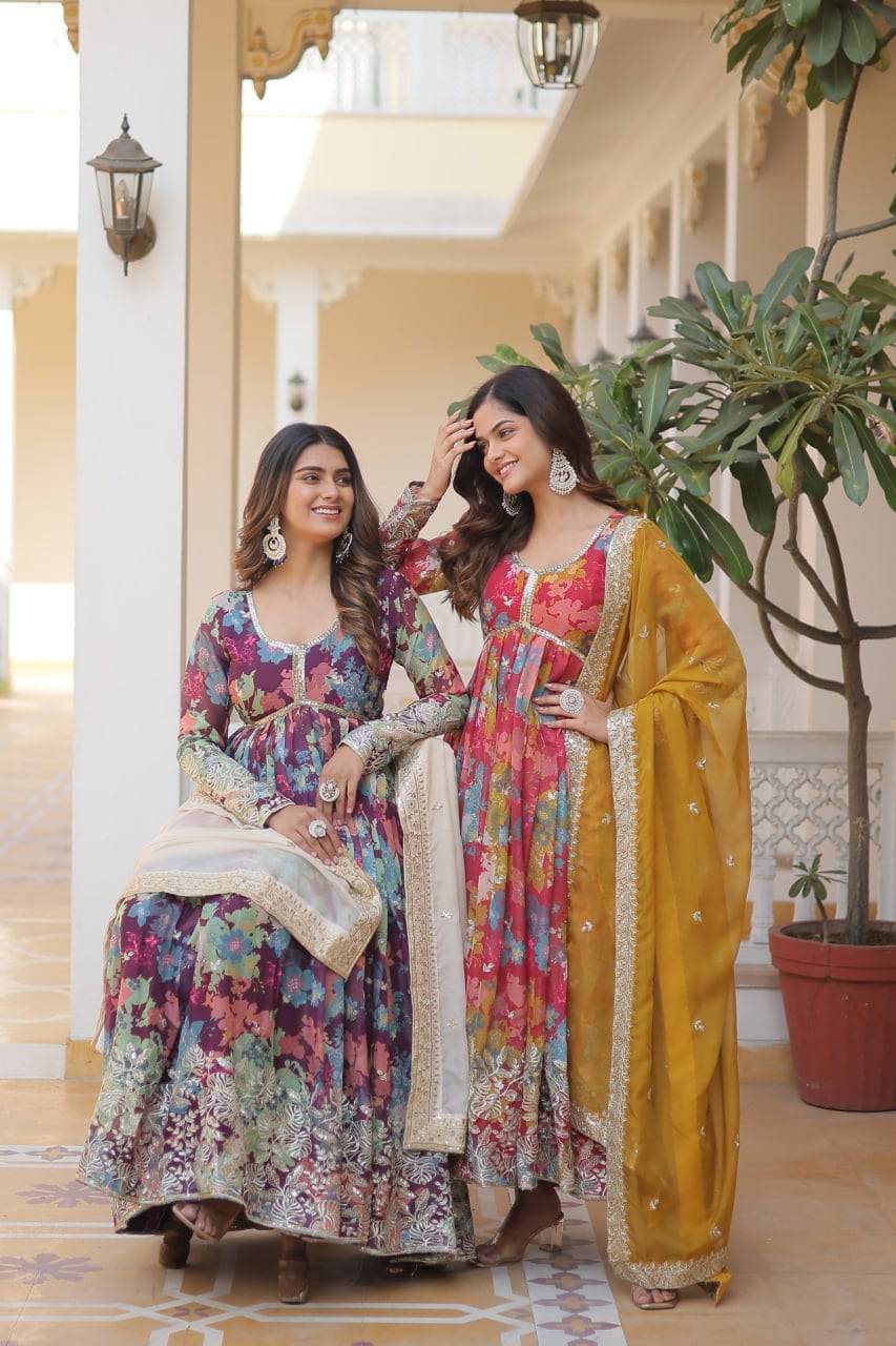 Ravishing Russian Silk Zari Sequins Worked Gown With Dupatta - INDIAN ELEGANCE
