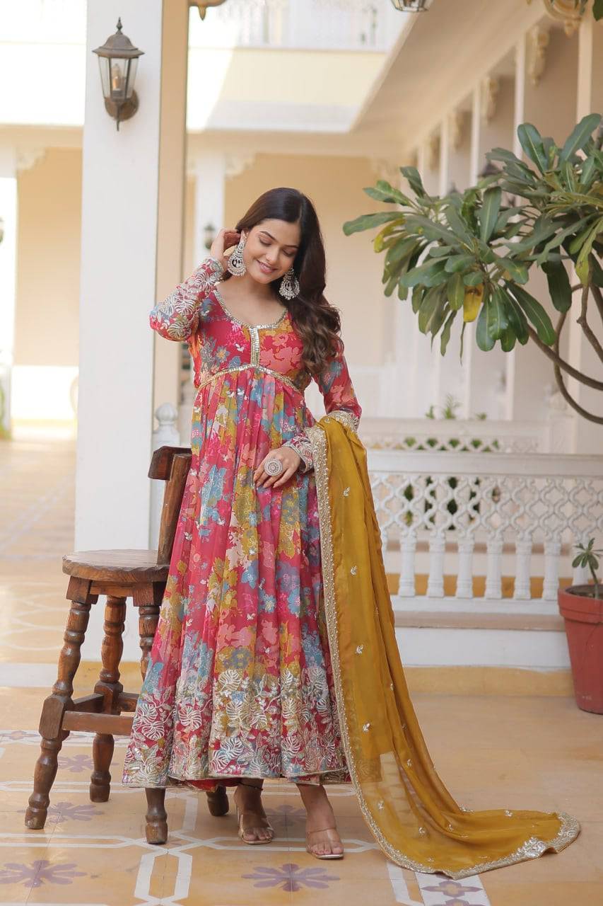 Ravishing Russian Silk Zari Sequins Worked Gown With Dupatta - INDIAN ELEGANCE