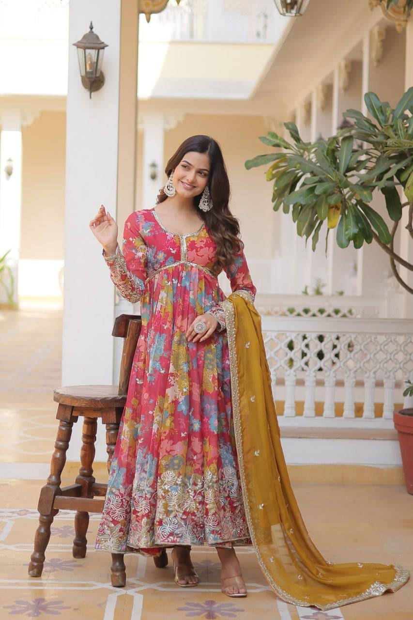 Ravishing Russian Silk Zari Sequins Worked Gown With Dupatta - INDIAN ELEGANCE