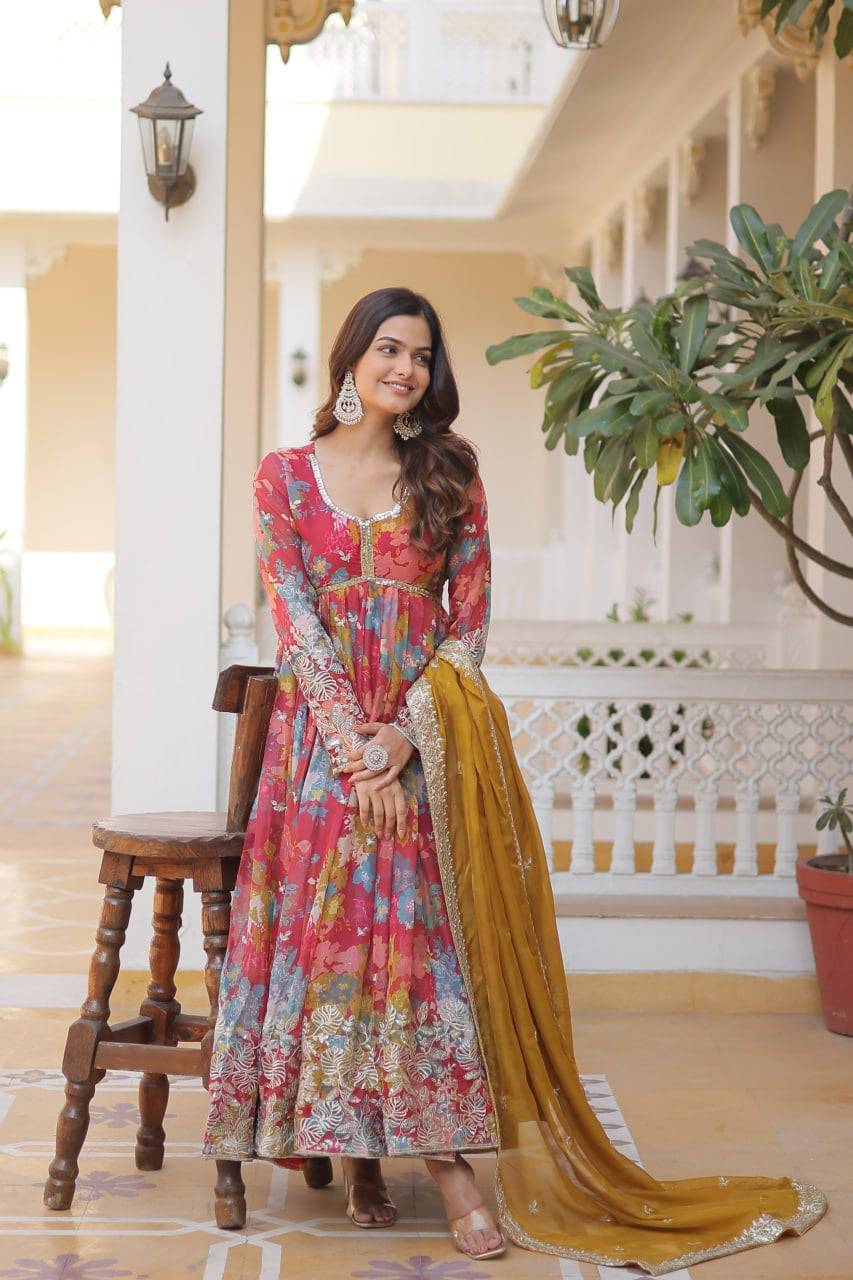 Ravishing Russian Silk Zari Sequins Worked Gown With Dupatta - INDIAN ELEGANCE