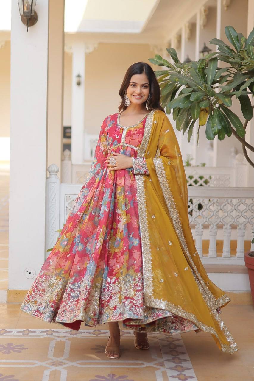 Ravishing Russian Silk Zari Sequins Worked Gown With Dupatta - INDIAN ELEGANCE