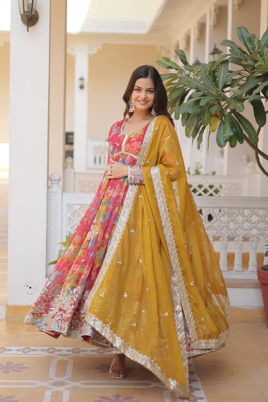 Ravishing Russian Silk Zari Sequins Worked Gown With Dupatta - INDIAN ELEGANCE