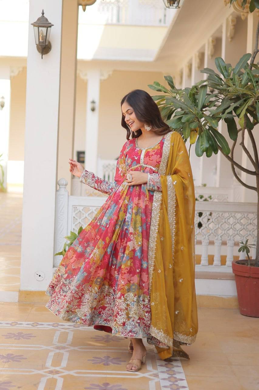 Ravishing Russian Silk Zari Sequins Worked Gown With Dupatta - INDIAN ELEGANCE