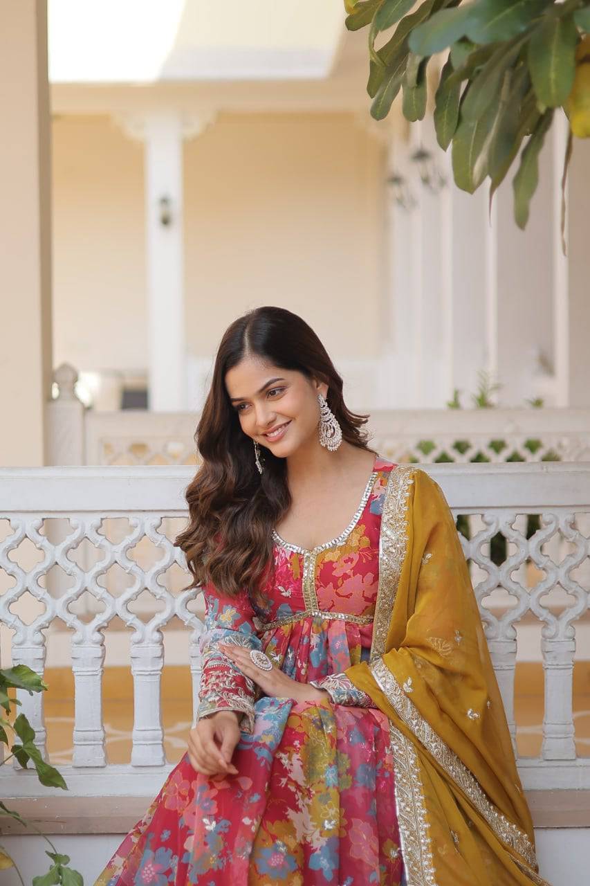 Ravishing Russian Silk Zari Sequins Worked Gown With Dupatta - INDIAN ELEGANCE