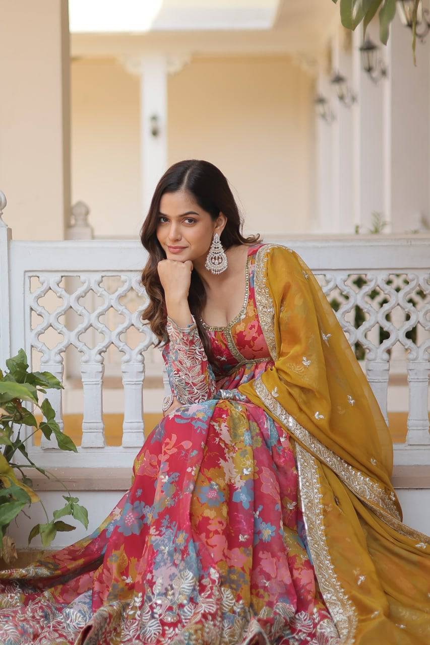 Ravishing Russian Silk Zari Sequins Worked Gown With Dupatta - INDIAN ELEGANCE