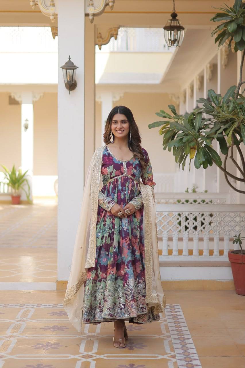 Ravishing Russian Silk Zari Sequins Worked Gown With Dupatta - INDIAN ELEGANCE